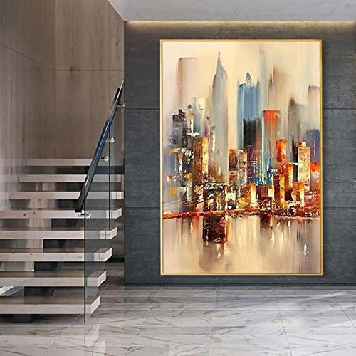 Große Original Abstrakte Stadt Kunst Malerei New York Skyline Wand Poster Leinwand Kunst Malerei Bild für Wohnzimmer 50x83cm/20x33inch mit Goldrahmen von HYFBH