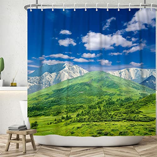 Grüner Berg, Blauer Himmel, Duschvorhang, natürliche Landschaft, Landschaft, Dekor, Druck, Badezimmervorhänge, wasserdichter Polyester-Bildschirm 240x180cm/BxH von HYFBH