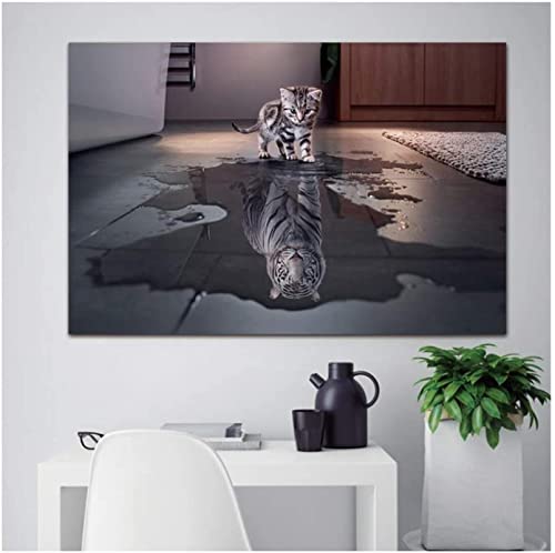 HYFBH 1 Panel Dekorationen Moderne Leinwand Kunstwerke Katze und Tiger Bilder Gemälde Leinwand Wandkunst Malerei Decor 30x40cm(12x16 in) Mit Rahmen von HYFBH