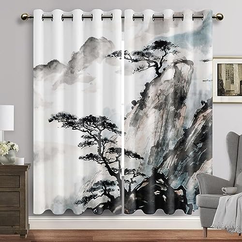 HYFBH 2 Paneele Verdunkelungsvorhänge, japanische Landschaft, Fenstervorhang, traditionelle Tuschemalerei, Ösenvorhänge, Klassische Vorhänge BxH/2x100x150cm Vorhang Blickdicht von HYFBH