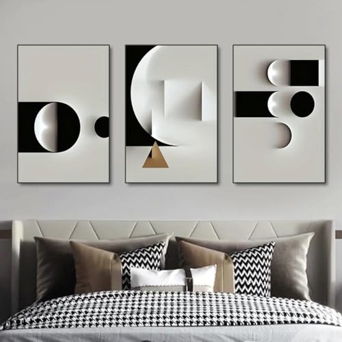 3-teilige gerahmte Leinwand-Kunstbilder, Schwarz-Weiß-Geometrie-Abstrakte Leinwanddrucke, Wohnzimmer-Wandkunst-Poster, Dekor, 40x60cm(16x24in) x3 mit schwarzem Rahmen von HYFBH