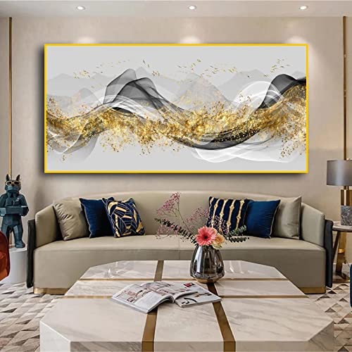 HYFBH Abstrakte Goldgraue Bandmalerei Wandkunst Poster Leinwanddrucke für Wohnzimmer Nordische Heimdekoration Wandbilder 100x203cm/39x79inch mit Goldrahmen von HYFBH