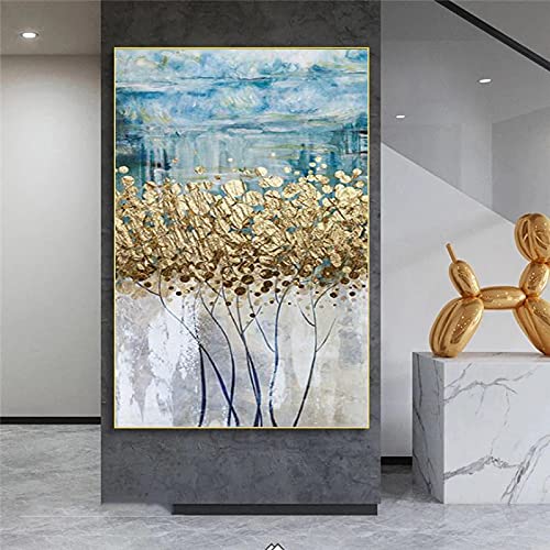 HYFBH Abstrakte goldene dekorative Malerei, Wandkunst, Heimdekoration, nordische Baumfarben-Uhr-Poster, Leinwanddrucke für Wohnzimmer, Innenbereich, 70 x 120 cm/28 x 47 Zoll mit Rahmen von HYFBH