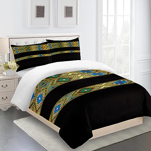 HYFBH Bettbezug-Set im europäischen und amerikanischen Stil, Bohemian-Stil, Schwarz-Gold-Streifen-Bettwäsche, 3-teiliges Set mit Bettbezug und Kissenbezügen 150x210cm von HYFBH