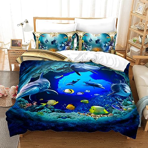 HYFBH Blaues Meerestier-Bettwäsche-Set, Cluster von Fischen, Clownfisch, Bettbezug für Kinder, Bett-Set, Queen-Size-Bett, Heim-Bettbezug, Bettwäsche-Set, 120 x 200 cm, Bettbezug von HYFBH