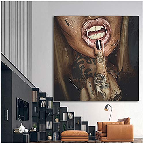 HYFBH Drucken Sie auf Leinwand Cool Sexy Girl Tattoo Bilder Pop Art Abstrakte Moderne Malerei Graffiti Street Sexy Frauen Porträt Wandkunst für Raum 80x80cm (31,5x31,5 Zoll) Kein Rahmen von HYFBH