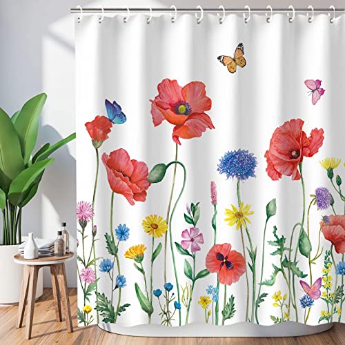HYFBH Duschvorhang für Badezimmer, Schmetterlings-Blumen-Duschvorhänge, roter Blumen-Badevorhang, buntes Aquarell-Badezimmer-Set 130x192cm/BxH von HYFBH