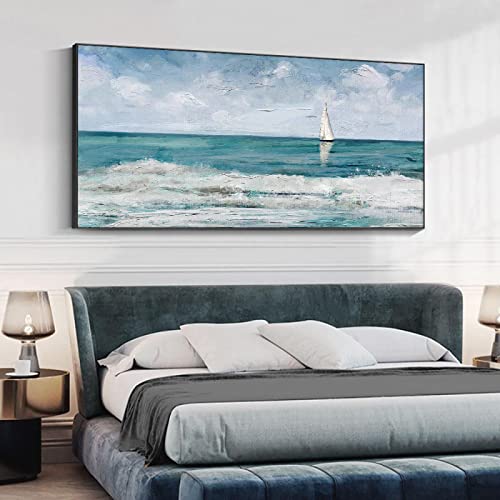 HYFBH Extra große abstrakte Meereslandschaften auf Leinwand, Wandkunst, Bilder, Segelboot, Ozean, Ölgemälde für Wohnzimmerdekoration, 75 x 150 cm/30 x 59 Zoll mit schwarzem Rahmen von HYFBH