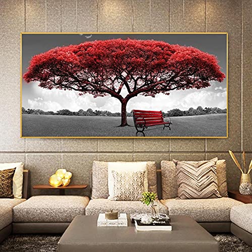 HYFBH Extra große moderne Leinwanddrucke Poster Gold Rot Get rich Tree Scenery Landscape Paintings Wall Art Home Decor Pictures 86x175cm(34x69inch) With Gold Framed von HYFBH