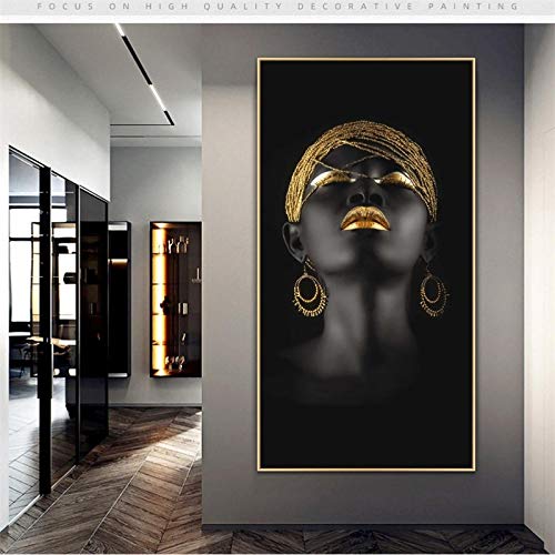 HYFBH Große goldene gerahmte afrikanische schwarze Frau mit goldenem Kopfschmuck Leinwand Gemälde Poster Drucke Mädchen Wandkunst Leinwandbilder 40 x 87 cm/16 x 34 Zoll Goldrahmen von HYFBH