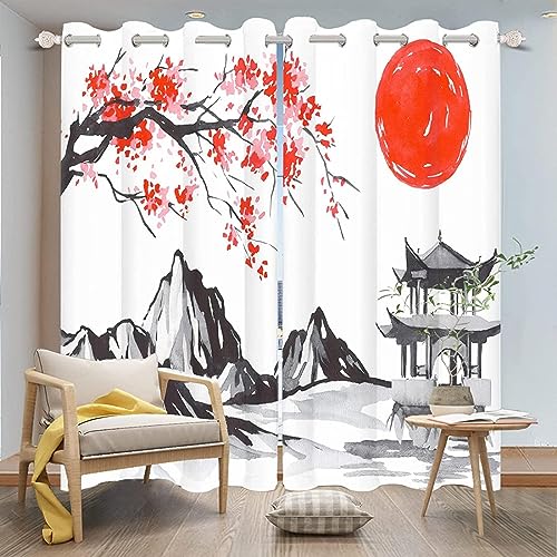 HYFBH Japanische malerische Fenstervorhänge, chinesische traditionelle Tuschemalerei, Fenstervorhänge, Bergblick, Landschaft, Wohnzimmervorhänge BxH/2x100x215cm Vorhang Blickdicht von HYFBH