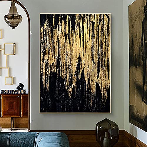 HYFBH Klassisches Ölgemälde, abstrakte Goldfolienkunst, Leinwandgemälde, schwarzer Stil, moderne Wohnzimmerdekoration, Wandkunst, Bilder, 90 x 130 cm, mit goldenem Rahmen von HYFBH