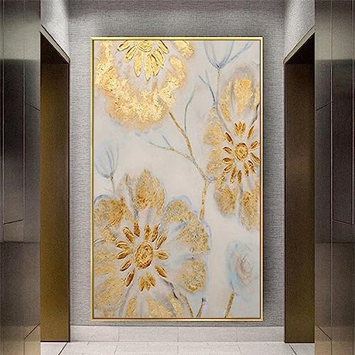 HYFBH Kunstdruck auf Leinwand, gerahmt, abstraktes Poster, Goldfolie, Blumen, Gemälde, moderne Leinwandkunst, Wanddekoration, Heimkunstwerk, 60 x 115 cm/24 x 45 Zoll mit goldenem Rahmen von HYFBH