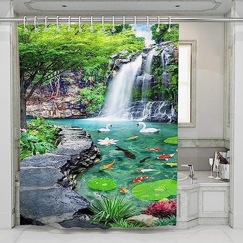 HYFBH Lotusteich-Duschvorhang, Badezimmer, Wasserfall, Blumen, Vogel, Park, Wasserbaum, Landschaft, Dekor, Badvorhang, Polyester, Badewannenvorhang, 210 x 210 cm/B x H. Vorhänge von HYFBH