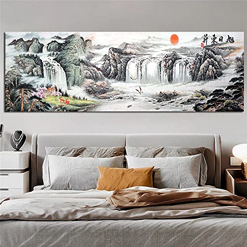 HYFBH Modernes Leinwandgemälde im chinesischen Stil mit aufgehender Sonne und Wasserfall, Poster und Druck, Wandkunstbild für Heimdekoration, Bilder, 90 x 200 cm (35 x 79 Zoll), ungerahmt von HYFBH