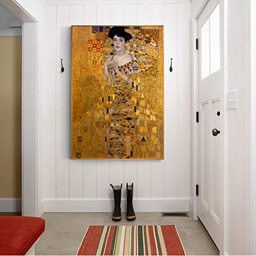 HYFBH Porträt von Adele Bloch Leinwand Gemälde an der Wand Gustav Klimt Kuss Gemälde Reproduktionen Leinwanddrucke für Wohnzimmer 100 x 150 cm/39 x 59 Zoll Goldrahmen von HYFBH