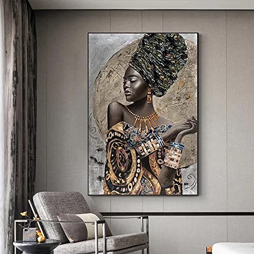 HYFBH Poster und Drucke Afrikanische Schwarze Frau Leinwand Gemälde Abstraktes Afrikanisches Mädchen Wandkunst Bild für Wohnzimmer Wohnkultur 80x110 cm Mit Rahmen von HYFBH