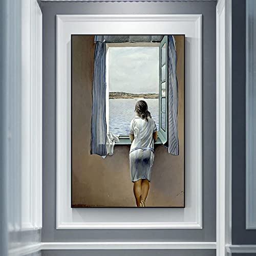 HYFBH Salvador Dali Frau am Fenster Große Leinwand Gemälde Poster und Drucke Wandkunst Bilder für Wohnzimmer Dekoration 70x105cm/28x41inch mit schwarzem Rahmen von HYFBH