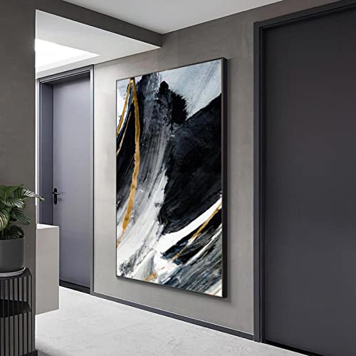 HYFBH Schwarz-Weiß-Gold, abstrakt, modern, extragroß, Poster, Ölgemälde auf Leinwand, im Wohnzimmer, Wandkunst, dekoratives Bild, 70 x 100 cm/28 x 39 Zoll, mit schwarzem Rahmen von HYFBH