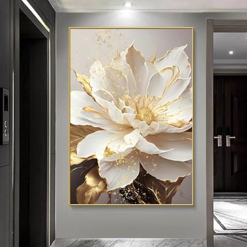 HYFBH Übergroßes Wandkunstwerk mit Goldrahmen, Blattgold, weiße Blumen, modernes Leinwandbild, Wandkunstdruck, Wohnzimmer-Heimdekoration, 60x90cm(24x35Zoll) mit Rahmen von HYFBH