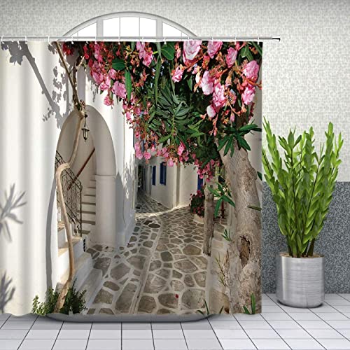 Hauslandschaft Duschvorhang mediterraner Baustil Blume grünes Blatt Pflanze Landschaft Badezimmer Dekor Stoffvorhang Set 220x180cm/BxH von HYFBH