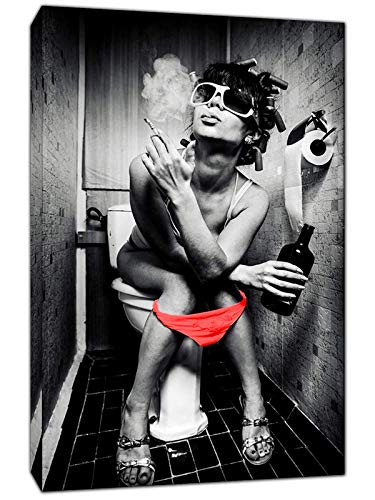 Leinwandbild Mädchen in der Toilette Trinken und Rauchen Bild Roter Druck auf Leinwand Wandkunst Home Bar Dekoration Gemälde 40x60cm (15,7x23,6 Zoll) mit Rahmen von HYFBH