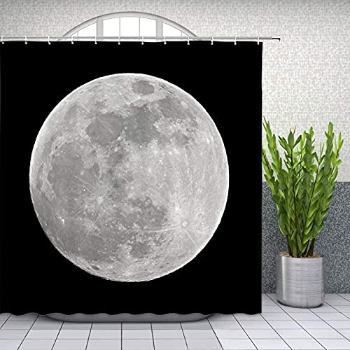 Mond-Duschvorhang, Grauer Planet, schwarzer Hintergrund, Badezimmerdekoration, Raummond, Vorhang-Set, wasserdichtes Polyestergewebe mit Haken 175x177cm/BxH von HYFBH