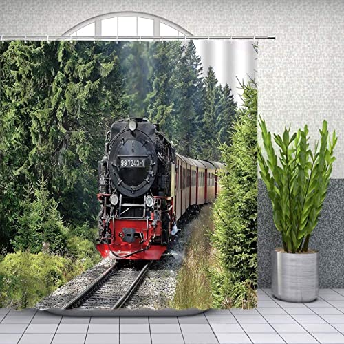 Retro-Zug-Stoff-Duschvorhänge, Eisenbahn im Wald, grüner Baum, Landschaft, Dampfzug, Muster, Badezimmer-Dekor, hängender Vorhang 85x180cm/BxH von HYFBH