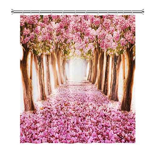 Traumhafter blühender Baum-Wald-Rosa-Blumen-Duschvorhang-wasserdichter Polyester-Gewebe-Duschvorhang-Badevorhang mit Haken 175x200cm/BxH von HYFBH