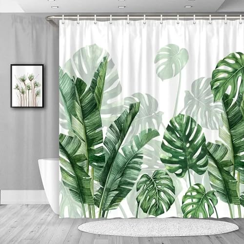 Tropischer grüner Pflanzen-Duschvorhang für Badezimmer, wasserdicht, Blatt-Streifen-Druck, Duschvorhang-Dekoration mit 12 Haken 166x150cm/BxH von HYFBH