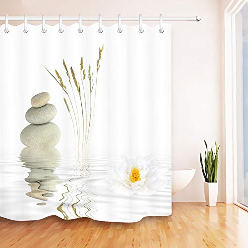 Zen Spa Duschvorhang Steine ​​und weißer Lotus Duschvorhänge Wasserdichter Stoff Badvorhänge Badezimmerdekoration mit 12 Haken 120x150cm/BxH von HYFBH