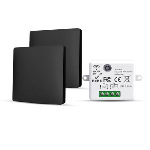 HYHIOTS Funkschalter 230V Funk Lichtschalter Batterielose Set Funk-Sender-Sicherheitsschalter und Empfänger-Controller 10A, Funk Schalter Licht, Keine Verkabelung, Funk-Lichtschalter (2 Way Kit) von HYHIOTS