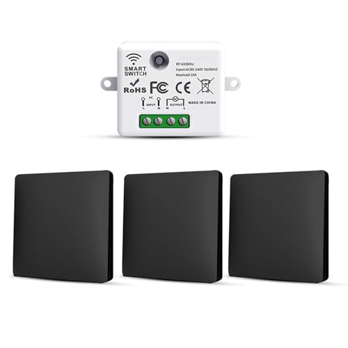 HYHIOTS Funkschalter 230V Funk Lichtschalter Batterielose Set Funk-Sender-Sicherheitsschalter und Empfänger-Controller 10A, Funk Schalter Licht, Keine Verkabelung, Funk-Lichtschalter (3 Way Kit) von HYHIOTS