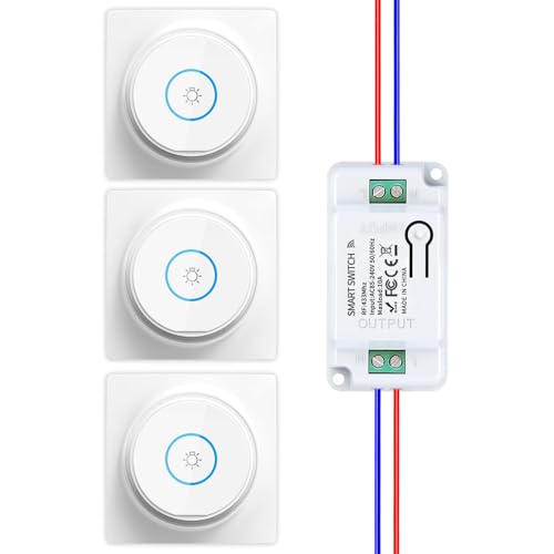 HYHIOTS Funkschalter 240V Funk Lichtschalter Ohne Batterie Set Funk-Sender-Fernbedienung und Empfänger 10A, Funk Schalter Licht, Keine Verkabelung, Funk-Lichtschalter(3 Switches 1 Receiver) von HYHIOTS