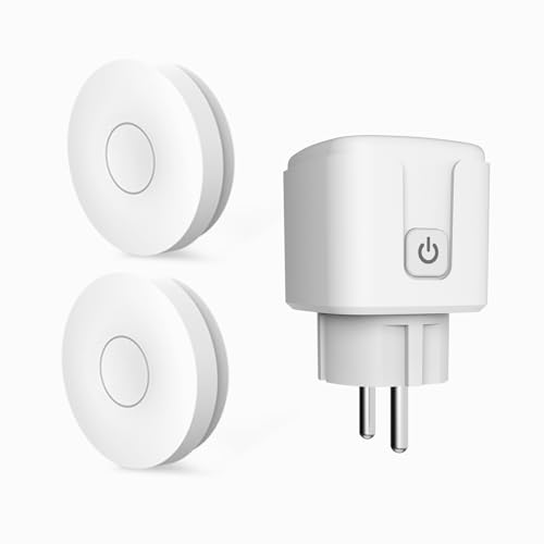 HYHIOTS Smarte Steckdose mit Fernbedienung Kit Keine Batterien 433MHz Funksender Selbststrom Funksteckdose 100m 3500W Funkschalter für Lampe/Ventilator/Heizgerät (2Knopfe 1Socket) von HYHIOTS