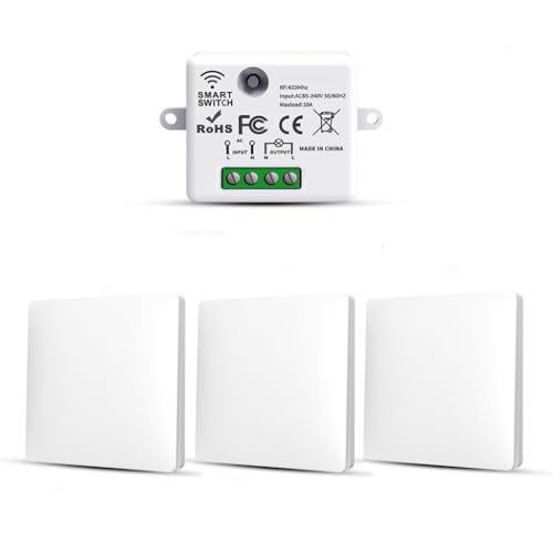 RF433 Funk Lichtschalter Set, Funkschalter Batterielose, Funk-Sender-Sicherheitsschalter und Empfänger-Controller 10A, Funk Schalter 240V, Wandlichtsschalter, Funk-Lichtschalter (3 Way Kit) von HYHIOTS