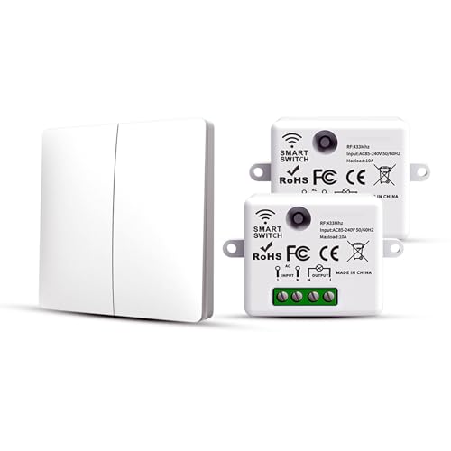 RF433 Funk Lichtschalter Set, Funkschalter Batterielose, Funk-Sender-Sicherheitsschalter und Empfänger-Controller 10A, Funk Schalter 240V, Wandlichtsschalter (2 switch + 2 receivers Kit) von HYHIOTS