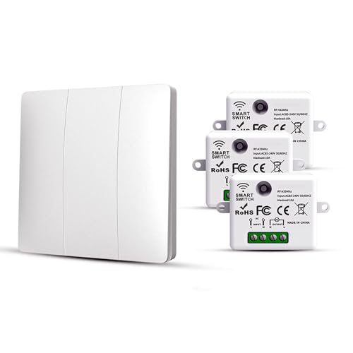 RF433 Funk Lichtschalter Set, Funkschalter Batterielose, Funk-Sender-Sicherheitsschalter und Empfänger-Controller 10A, Funk Schalter 240V, Wandlichtsschalter (3 switch + 3 receivers Kit) von HYHIOTS