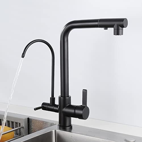 HYHJYMG 3-Wege-Küchenarmatur aus Messing mit herausziehbarem Sprüh-Drehgelenk, multifunktional, 3-in-1-Wasserreiniger-Wasserhahn, schwarz von HYHJYMG