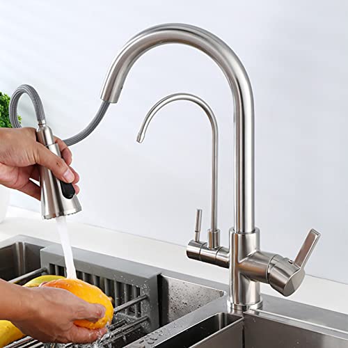HYHJYMG 3-Wege-Küchenarmatur aus Messing mit herausziehbarem Sprühkopf, multifunktionaler Küchenwasserreiniger, Wasserhahn, gebürstet B von HYHJYMG