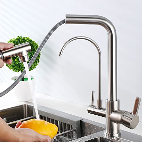 HYHJYMG 3-Wege-Küchenarmatur aus Messing mit herausziehbarem Sprühkopf, multifunktionaler Küchenwasserreiniger, Wasserhahn, gebürstet B von HYHJYMG
