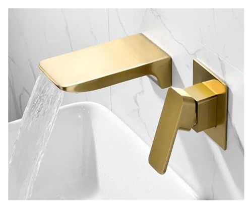 HYHJYMG Wandmontierter Messing Wasserfall gebürstet Gold Waschbecken Wasserhahn Schwarz Wand Waschbecken Wasserhahn Badezimmer Verdeckte Warm- und Kaltwasser-Mischarmaturen, Küchenspüle Wasserhahn von HYHJYMG