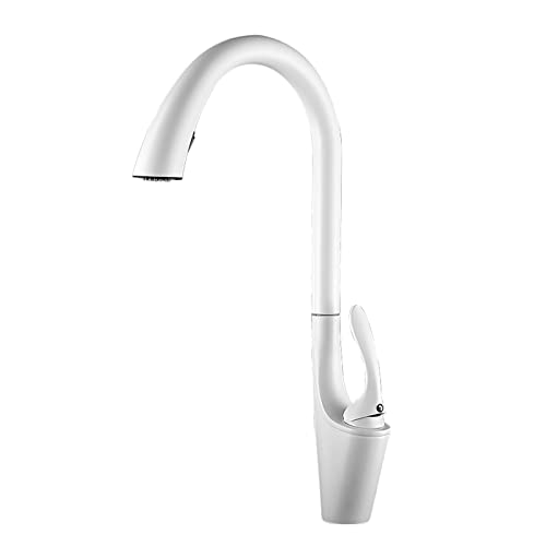 HYHJYMG Weiße Küchenarmatur mit herausziehbarem Sprühnebel, Messing, 360° schwenkbar, Teles Einloch-Küchenarmatur, Spültischarmatur-A von HYHJYMG