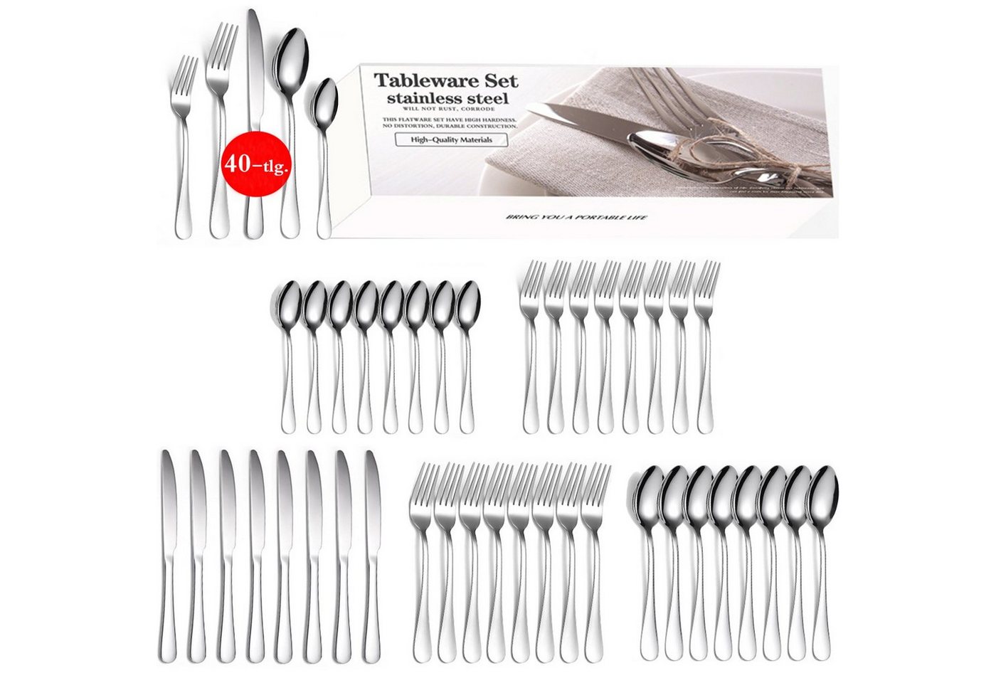 HYIEAR Besteck-Set 40-teiliges Essbesteck-Set, Edelstahlbesteck-Set, Besteckbox (40-tlg), 8 Personen, Edelstahl von HYIEAR