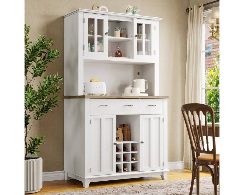 HYIEAR Mehrzweckschrank Küchenschrank, Hochschrank Küchenbuffet, Vitrinenschrank, Verstellbar Sideboard mit LED-Beleuchtung, Buffetschrank(weiße Schublade) von HYIEAR