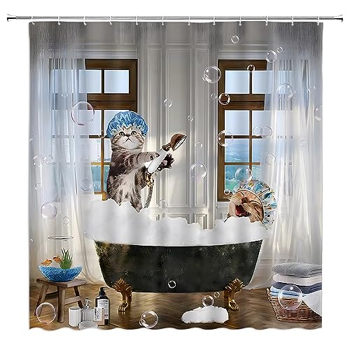 HYKHYK Lustiger Katzen-Duschvorhang, niedliches Tier-Cartoon-Kätzchen, Blasen-Badewanne, schöner Stoff, Badezimmer-Vorhang-Set mit Haken (177,8 cm WX70 H) von HYKHYK