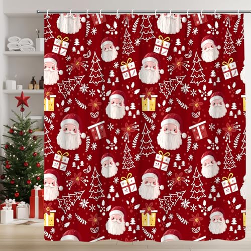 HYKHYK Roter Weihnachts-Duschvorhang, Cartoon-Weihnachtsmann, Weihnachtsbaum, Winterurlaub, niedliches Blumenblatt, Frohes neues Jahr, Festival, Stoff-Badezimmervorhang-Set mit Haken, 178 cm B x 178 HYKHYK Roter Weihnachts-Duschvorhang, Cartoon-Weihnachtsmann, Weihnachtsbaum, Winterurlaub, niedliches Blumenblatt, Frohes neues Jahr, Festival, Stoff-Badezimmervorhang-Set mit Haken, 178 cm B x 178 von HYKHYK