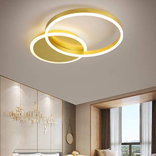 HYKISS LED-Deckenleuchte 48W Modern Dimmbar 2 Ringe Deckenlampe Metall-Acryl Runde Kronleuchter Wohnzimmer Küche Schlafzimmer Büro Kinderzimmer Lampe Beleuchtung,Mit Fernbedienung,55 * 40 * 6CM,Gold von HYKISS