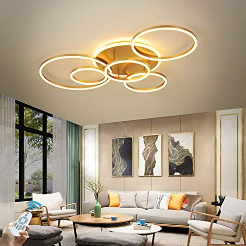 HYKISS LED-Deckenleuchte 86W Modern Dimmbar 6 Ringe Deckenlampe Metall-Acryl Runde Kronleuchter Wohnzimmer Küche Schlafzimmer Büro Kinderzimmer Lampe Beleuchtung,Mit Fernbedienung,Ø115CM,Gold von HYKISS