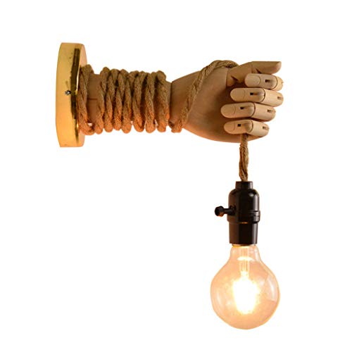 Vintage Hanfseil Wandleuchte, Kreative Holz Hand Design Wandlampe, Rustikal Wandleuchte für Design Kreative Holzhand mit Hanfseil Wandleuchte(Glühbirne ist nicht im Lieferumfang enthalten),B von HYKISS
